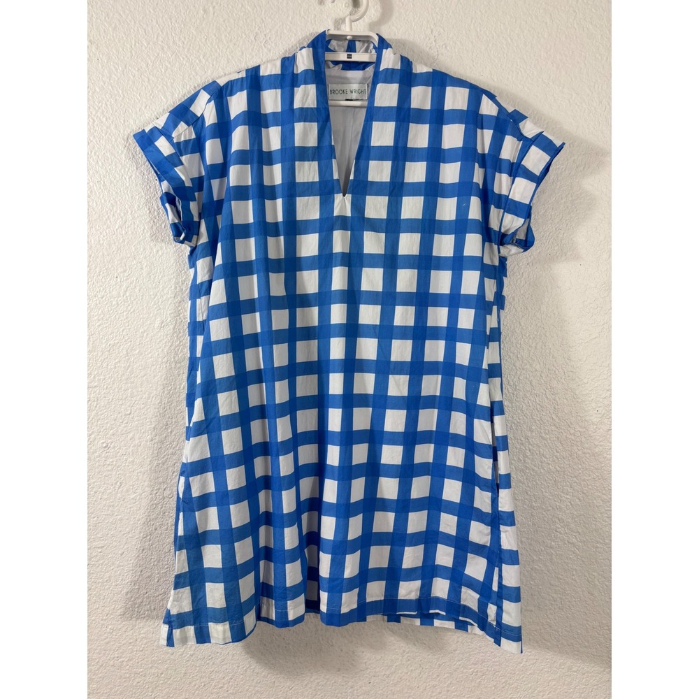 Brooke Wright Tunic Dress Women Large Blue White Gingham V-Neck Cotton Poplin